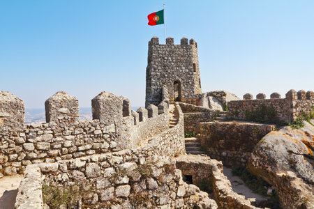 Fantastically beautiful moorish fortress in Portugal - ancient stone walls and gear watchtowers. Resort Sintra, coast of Atlantic oceanのeditorial素材