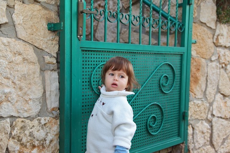 The charming little boy has stopped near to a green garden gateの写真素材