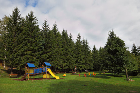 Park for children at the forest resort in the Alps  Beginning of autumnのeditorial素材