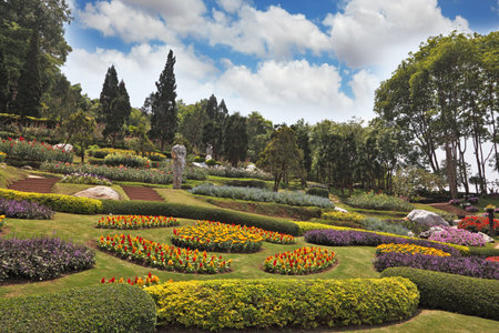 Tropical park  and artly decorated flower beds. Huge picturesque landscape park in Thailand. 