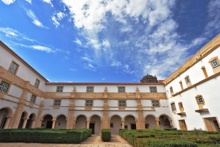 Beautifully preserved castle - palace of the Templars. Courtyard surrounded by galleries. Portugal, Tomarのeditorial素材
