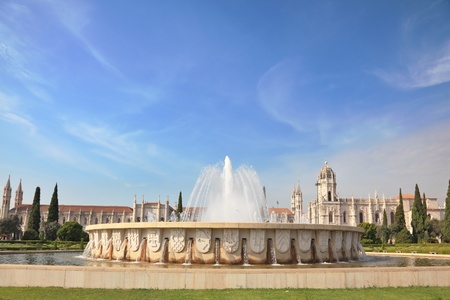 Gorgeous Portugal  Embankment of the River Tagus in Lisbon  A beautiful fountain and amonastery of St  Jeromeの写真素材