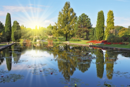 Shining sharp rays of the sun reflected in the smooth blue water of the pondの写真素材