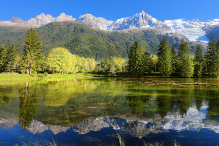 Gorgeous reflection in the smooth water of the lake in the park.  Snowy mountains and evergreen forests in the famous mountain resort of Chamonix の写真素材