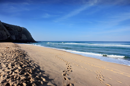 Huge sandy beach on the Atlantic coast of Portugal. Early morningの写真素材