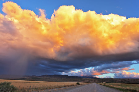 Summer rain. The huge cumulonimbus cloud is shined with the sunset sun. Rain streams shine orange...