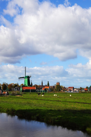 Windmills in museum village in Holland. Good autumn dayのeditorial素材