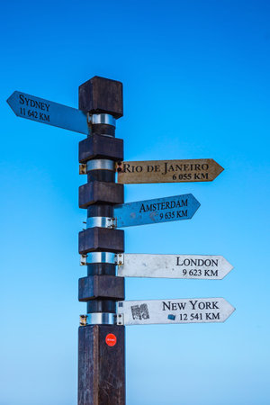 Cape of Good Hope, South Africa. Pillar with pointers of distances to different cities of the Earthのeditorial素材