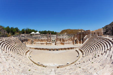 The stone seat in the Roman amphitheater at Beit Shean, Israelのeditorial素材