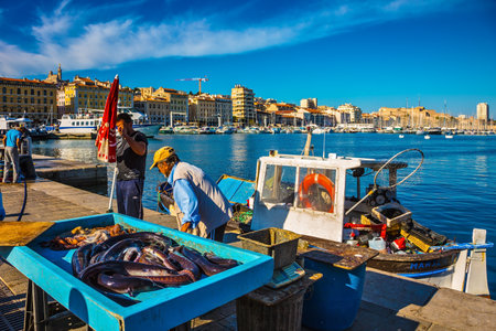 MARSEILLE, FRANCE - MAY 23, 2015: The morning fish market in the old port of Marseilles. Fishermen are laid out on the counter fresh catchのeditorial素材