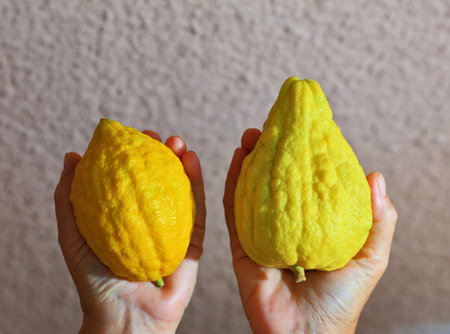 Women's hands holding the ritual fruit - citrus - etrog. Autumn holiday of Sukkot in Israel