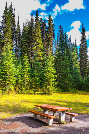 The table and benches for a picnic by the lake. The concept of eco-tourism and adventure tourism. Camping at Lake Emeraldの写真素材