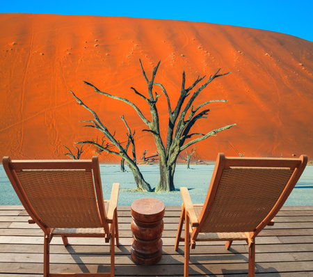 Two wooden folding chairs on a wooden platform. The bottom of dried lake Deadvlei, with dry trees. Tourism in Namib-Naukluft National Park, Namibiaの写真素材