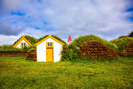 Rural pastoral. The old village. Ethnographic Museum-estate Glaumbaer, Iceland. The concept of the historical and cultural tourismのeditorial素材