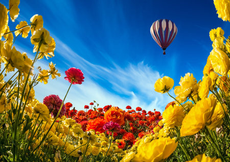 The concept of recreation and eco-tourism. Multicolored balloon flies over field of buttercups. Neverland clouds, flowers and balloon. Collageの写真素材