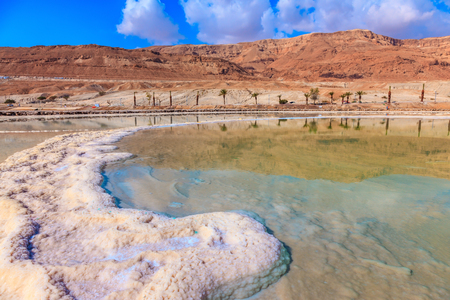  The evaporated salt acts over a water surface beautiful patterns. Decrease in water level in the Dead Seaの写真素材