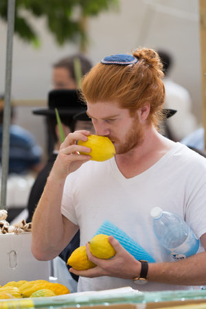 JERUSALEM, ISRAEL - OKTOBER 16, 2016: Young man in black skullcap chooses ritual  etrog. Traditional market before the holiday of Sukkotのeditorial素材