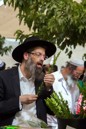 JERUSALEM, ISRAEL - OKTOBER 16, 2016: Traditional market before the holiday of Sukkot. Religious middle-aged Jew with gray beard is checking plant myrtleのeditorial素材