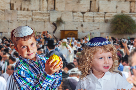 The Western Wall of the Temple. Autumn Jewish holiday Sukkot. Two beautiful Jewish boys in skull-caps with etrogの素材 [FY31092823110]