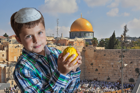 Cute seven year old boy in white skullcap with the etrog. Sukkot at the Western Wall of Temple in Jerusalemの写真素材