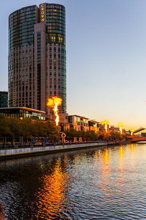 Travel to the edge of the earth. Australia. Magnificent modern city Melbourne. Fiery illumination. Concept of active and ecological tourismのeditorial素材