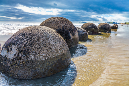 Boulders Moeraki - a group of spherical boulders on the beach Koekokhe. Ocean tide. Travel to New Zealand. The concept of active, eco and photo tourismの写真素材