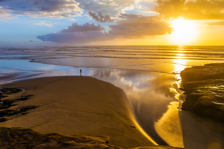 Coast of the North Island of New Zealand. Phenomenal beautiful sunset on the beach near Auckland. Concept of active and ecological tourismの写真素材