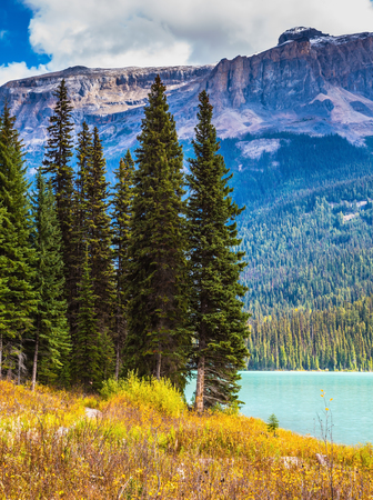 Emerald lake in the Rocky Mountains. The smooth turquoise water among the yellowed autumn forest. The concept of eco-tourism and active recreationの写真素材
