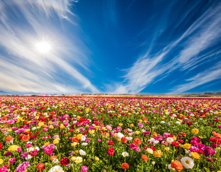 South of Israel, summer day. Picturesque multi-colored garden buttercups and cirrus clouds. Greeting...