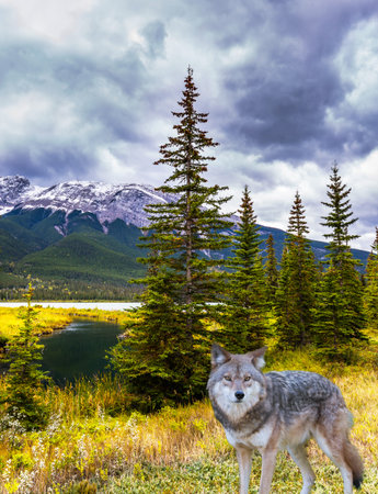 Gorgeous gray wolf stands on the edge of the forest. The valley along the Pocahontas road. Rocky...