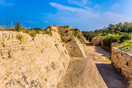 The magnificent park-reserve of Caesarea, Israel. The powerful protective walls around the park were...