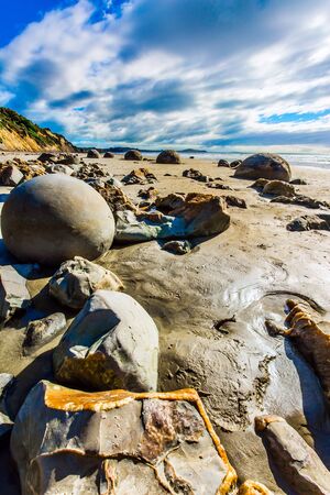 Sunny day on the beach. Low tide in the Pacific. Series of mysterious round boulders Moeraki and their shattered remnants on a sandy beach. New Zealand. The concept of exotic and ecological tourismの写真素材