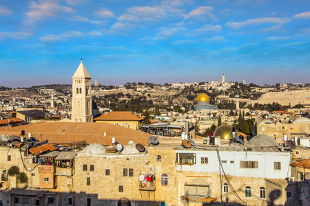 United and indivisible holy Jerusalem. The roofs of Jerusalem. Sunset. Bird's eye view. The concept...