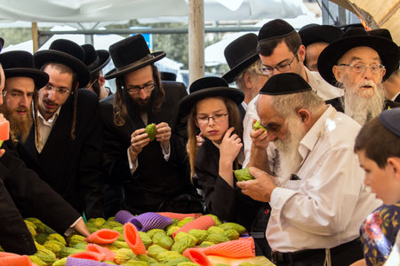 JERUSALEM, ISRAEL - SEPTEMBER 20, 2018: Pre-holiday bazaar in Jerusalem on the eve of Sukkot. The concept of photo tourism. Religious Jews choose trog - the fruit of  magnificent treeのeditorial素材