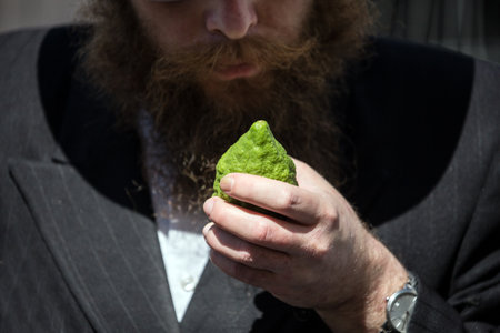 JERUSALEM, ISRAEL - SEPTEMBER 20, 2018: Religious Jew with a light beard chooses a etrog. Sukkot Autumn Harvest holiday. The concept of religious, ethnographic and photo tourismのeditorial素材