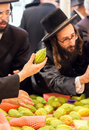 JERUSALEM, ISRAEL - SEPTEMBER 20, 2018: Pre-holiday bazaar in Jerusalem on the eve of Sukkot. Religious young Jews choose etrog. The concept of religious, ethnographic and photo tourismのeditorial素材