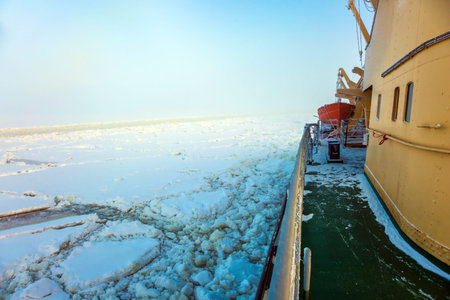 Unforgettable excursion to the arctic tourist cruise on the sea icebound. Dim winter morning in...