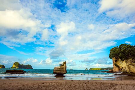 New Zealand. Cathedral Cove on Coromandel Peninsula at sunset. Picturesque rocks on a sandy beach. The evening tide begins. The concept of exotic, ecological and photo tourismの写真素材