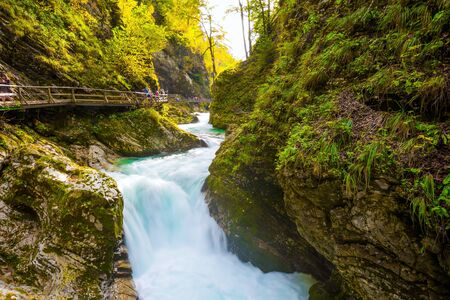 Slovenia. Bubbling waterfalls on a mountain river. On the slopes of the gorge laid wooden walkways with railings. Vintgar gorge. Sunset illuminates the seething stream. The concept of active and photo tourismの写真素材