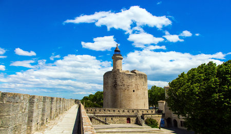 Antique walls of the medieval port city of Aigues-Mortes. The historic tower of Constance. Mediterranean coast of France. The concept of historical and photo tourismのeditorial素材