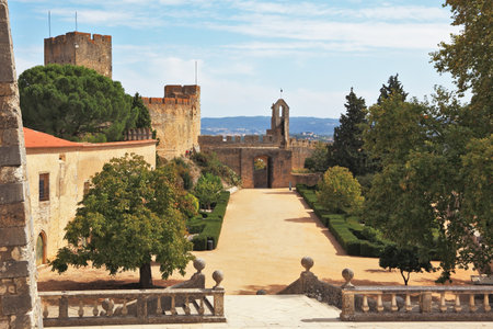 Palace of the Knights Templar in Portugal. Stone fence and the entrance to the parkのeditorial素材