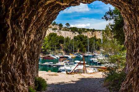 France. Calanques are the attractions of Provence. Picturesque bays of the Cote d'Azur. Sailing yachts on the south fjord. The concept of active, eco-friendly and photo tourismの写真素材
