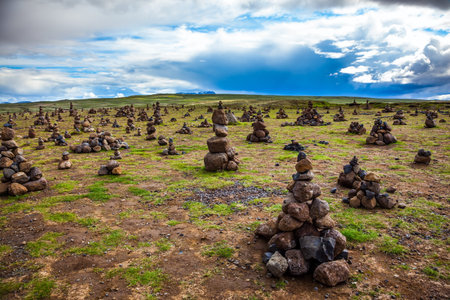 Field of stone pyramids. Stone pyramids bring good luck in the journey. The stone pyramids are a...