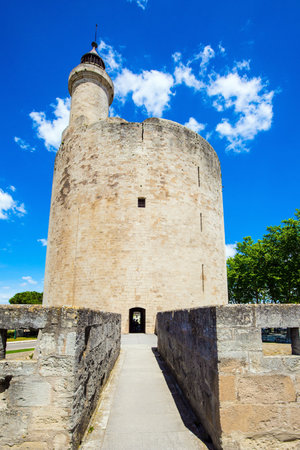 The historic tower of Constance. Antique walls of the medieval port of Aigues-Mortes. Mediterranean coast of France. The concept of active, historical and photo tourismのeditorial素材