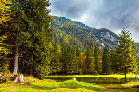 Alps. Yellow trees are reflected in the green smooth water of the lake. Lake Fuzine. Border between Northern Italy and Slovenia.の写真素材