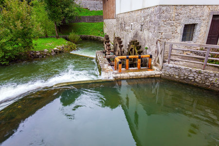 Picturesque river in the green park. Postojna Cave. Magical places in Slovenia. The famous and most...