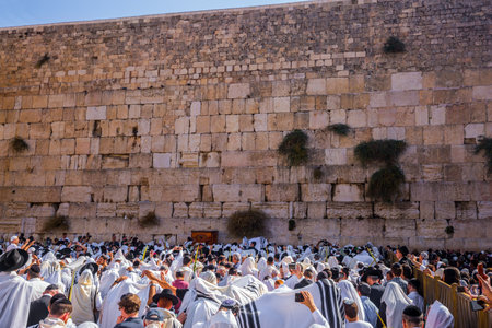 JERUSALEM, ISRAEL - SEPTEMBER 26, 2018: The area in front of Western Wall of Temple filled with...