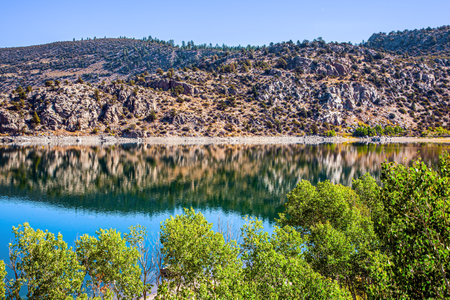Autumn travel in the West of the USA. Picturesque Silver Lake in the mountains of California. The...