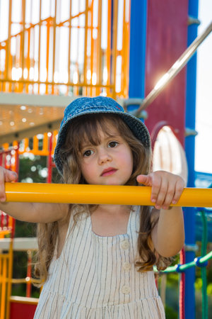 Attraction on the playground in green park. Warm summer day. Adorable little girl with long blonde hair in a white sundress and denim panama.の写真素材