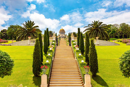 Israel. Bahai World Center. Marble staircase and garden terraces, magnificent colonnade with a gilded dome on the Mount Carmel, Haifa. The descent to the Mediterranean Sea. Clear sunny dayの写真素材
